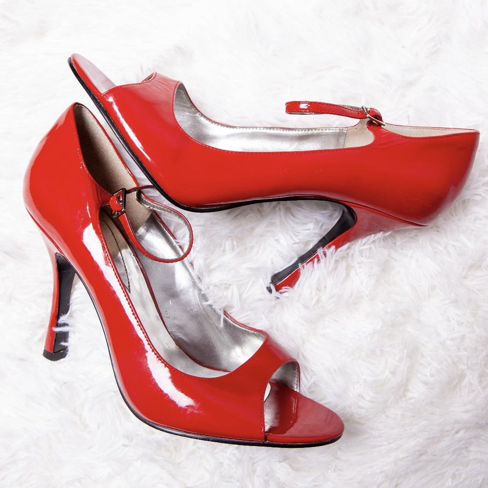 Guess Red Open Toe Heels With Buckle Strap - image 1